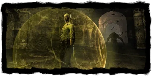 The Quen sign forming a protective shield around Geralt.