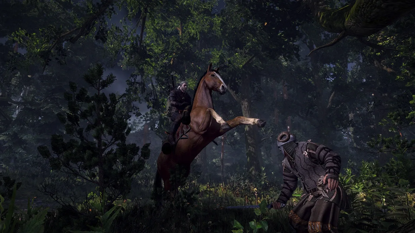 Geralt fighting from horseback in The Witcher 3: Wild Hunt, sword drawn mid-swing.
