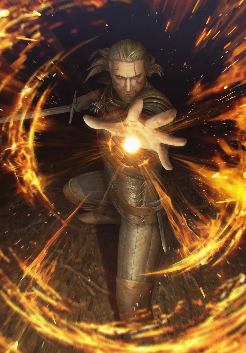 Card art depicting the Igni sign in the Witcher universe.