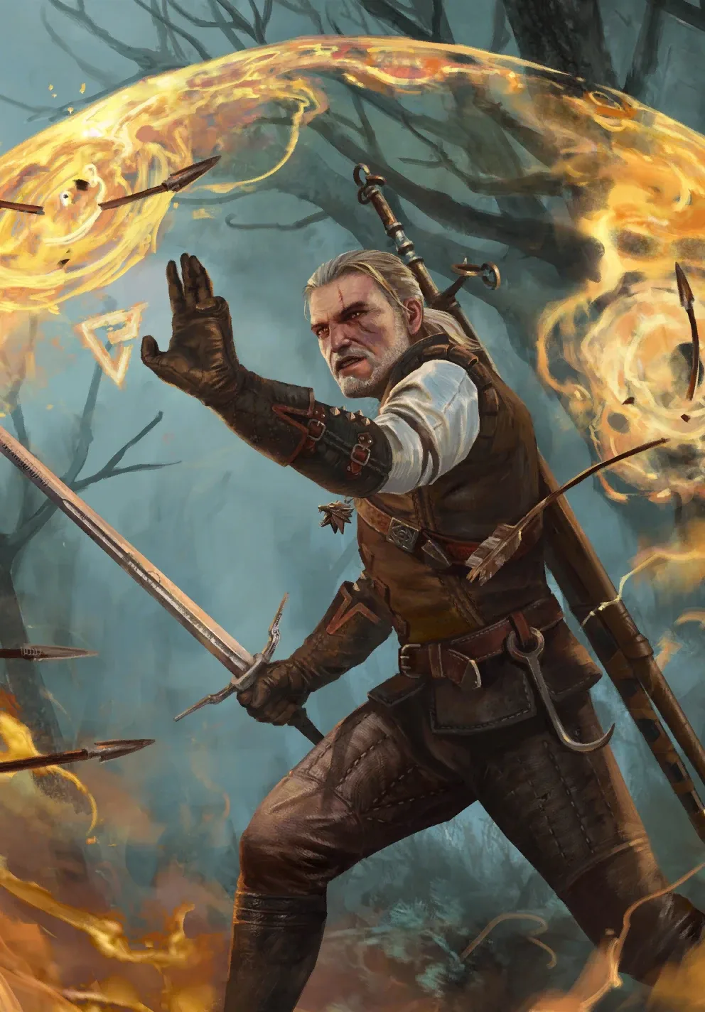 Card art depicting Geralt casting the Quen sign.
