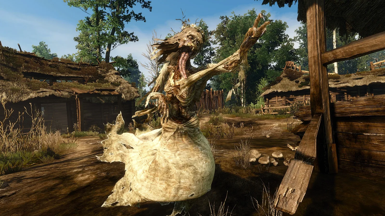 The noonwraith from Contract: Devil by the Well, a skeletal wraith in a flower crown, hovering in the abandoned village in White Orchard.