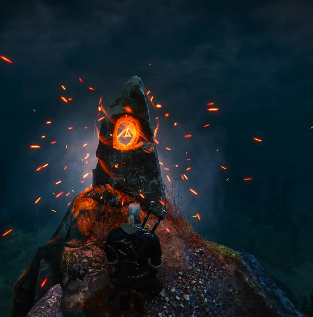 Geralt standing before a glowing Place of Power monolith in The Witcher 3.