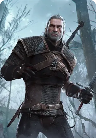 The Geralt of Rivia hero card artwork from Gwent in The Witcher 3: Wild Hunt.