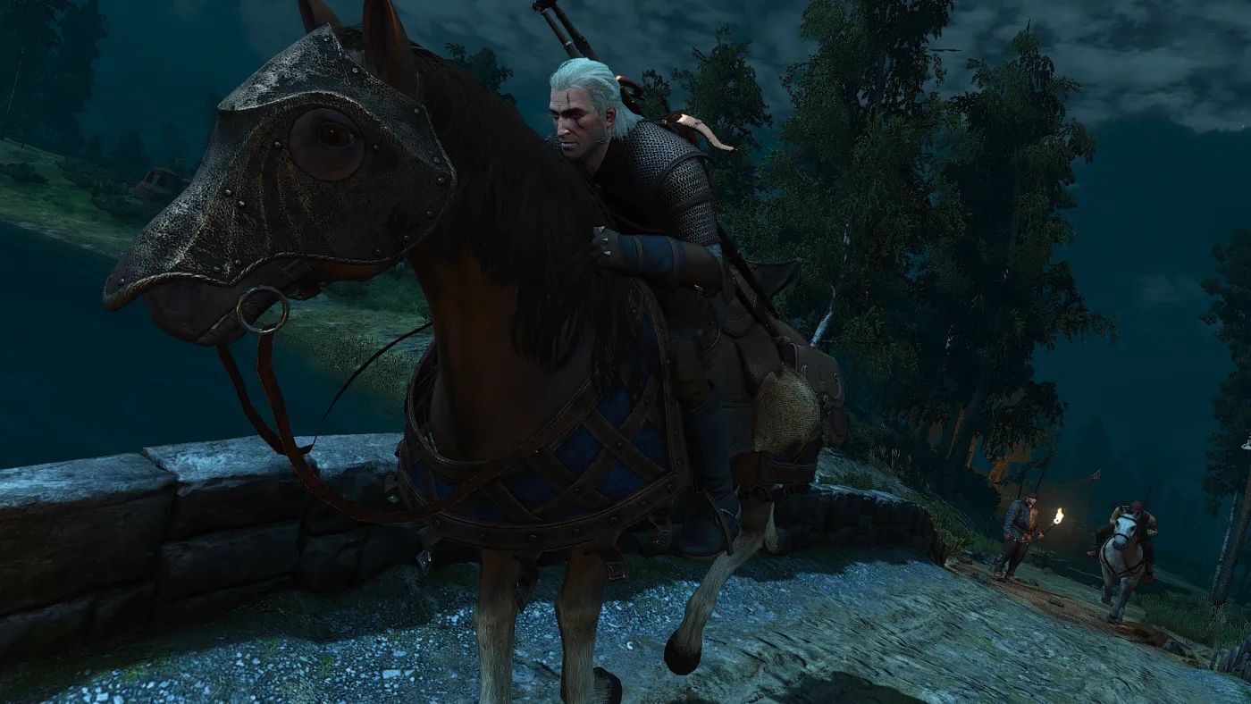 Geralt mounted on Roach in full horse tack at night on the Races: Crow's Perch course in Velen, where three of The Witcher 3's eleven base-game races are run.