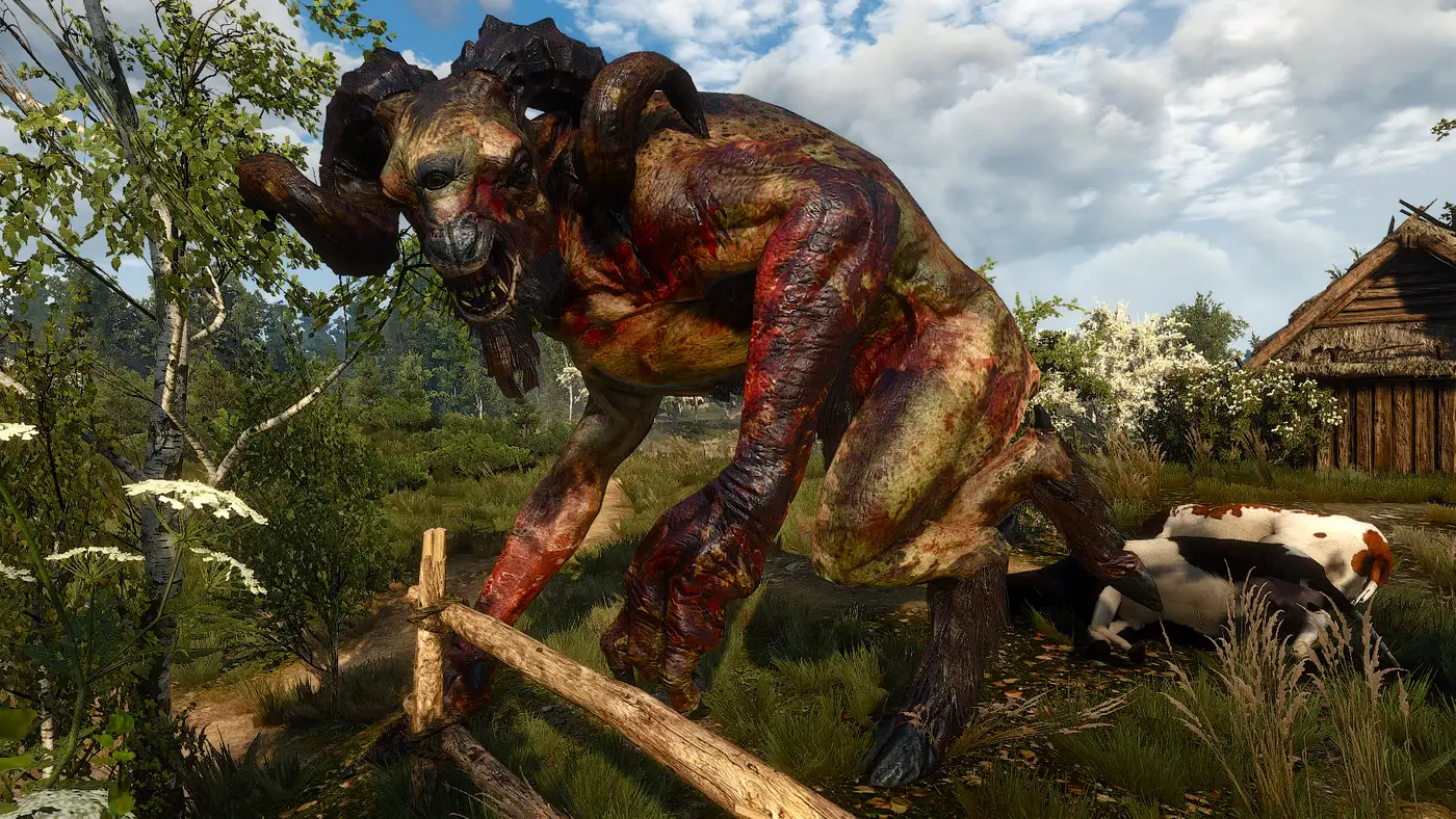 A blood-smeared horned chort crouching over two dead cows beside a broken fence in the White Orchard pasture, with a thatched farmhouse behind it.