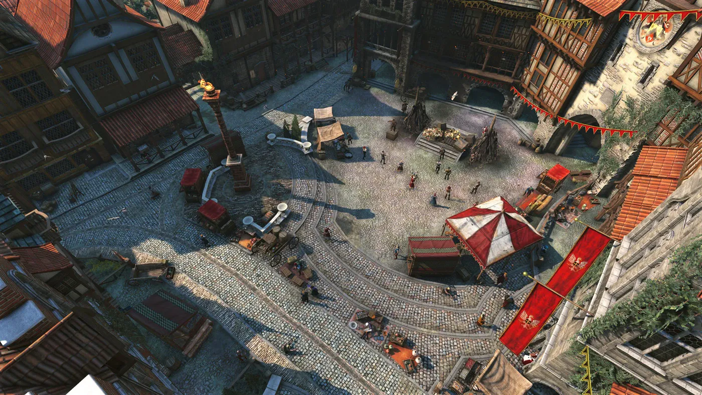An aerial view of Hierarch Square in Novigrad, its cobbled plaza crowded with market stalls, a red and white striped canopy, and a pyre stacked with wood.