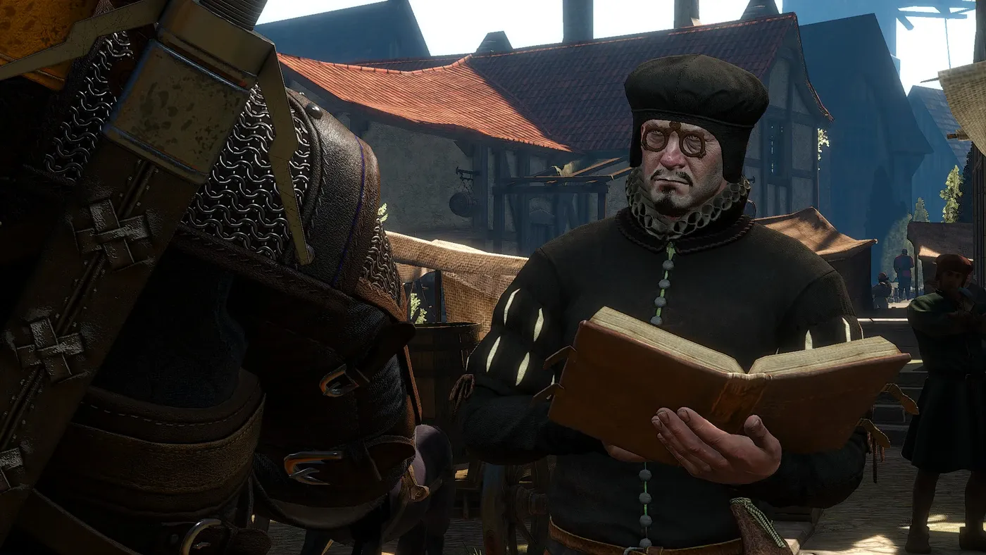 Deputy Tax Enumerator Walthemor Mitty in a black cap and wire spectacles, holding an open ledger in a sunlit Oxenfurt street beside Geralt's horse.
