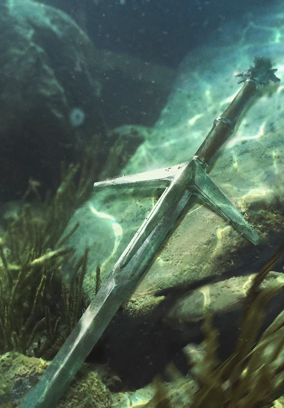 The Aerondight silver sword rendered as Gwent card art, a glowing blade held aloft above a lake.