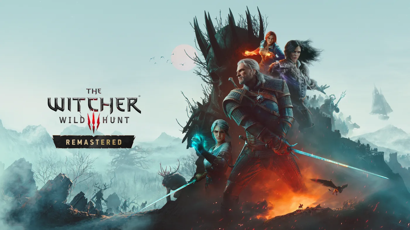 The Witcher 3: Wild Hunt Remastered launch key art: Geralt with a glowing sword drawn, Ciri crouched beside him with a glowing blue hand, Triss and Yennefer behind them on a dark spiked rock, and the Remastered logo on the left.