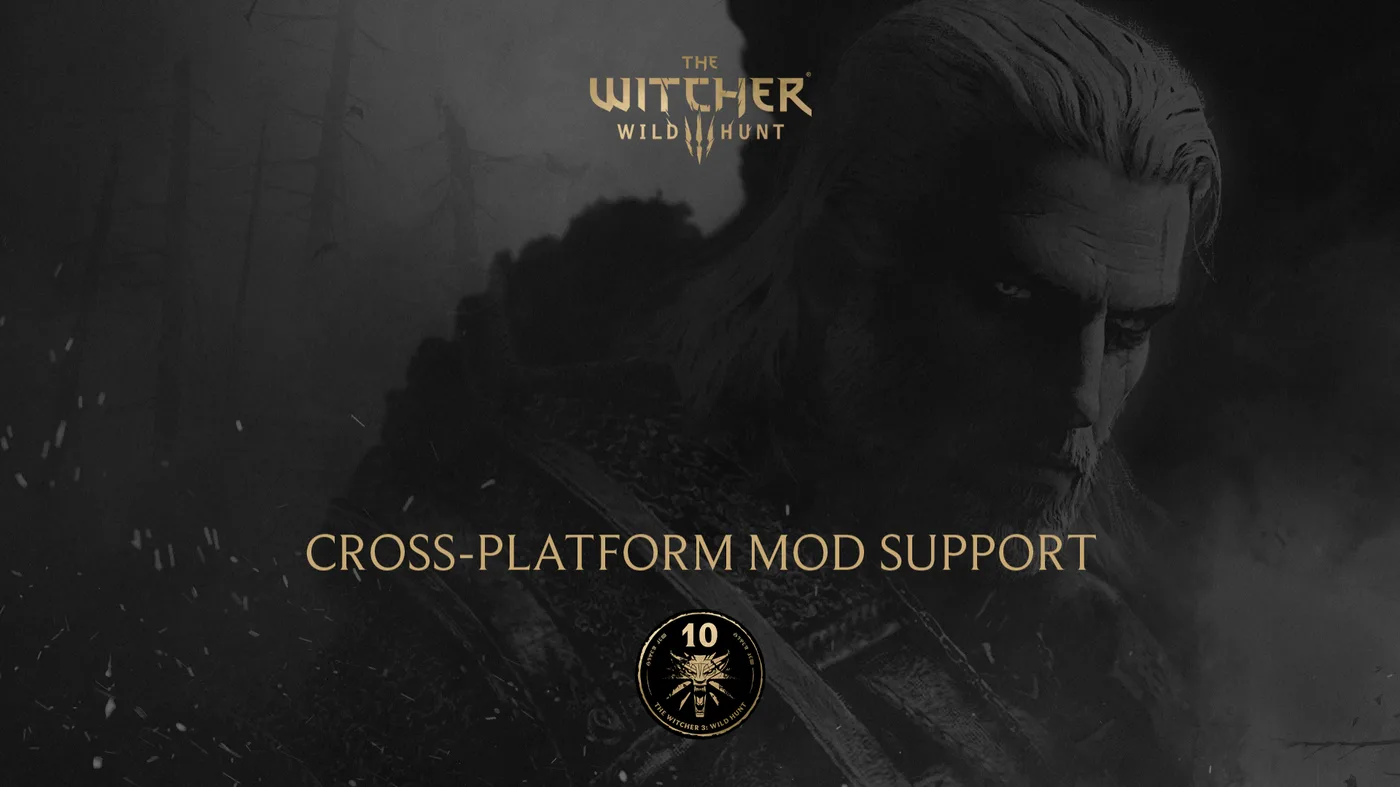 CD PROJEKT RED key art for The Witcher 3: Wild Hunt Cross-Platform Mod Support, showing Geralt of Rivia in silhouette against a misty forest.
