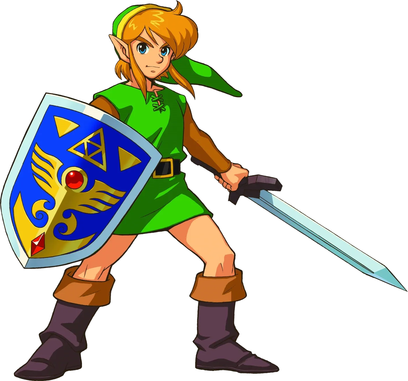 Official A Link to the Past artwork of Link holding his sword and Fighter Shield, the loadout you carry out of Hyrule Castle.
