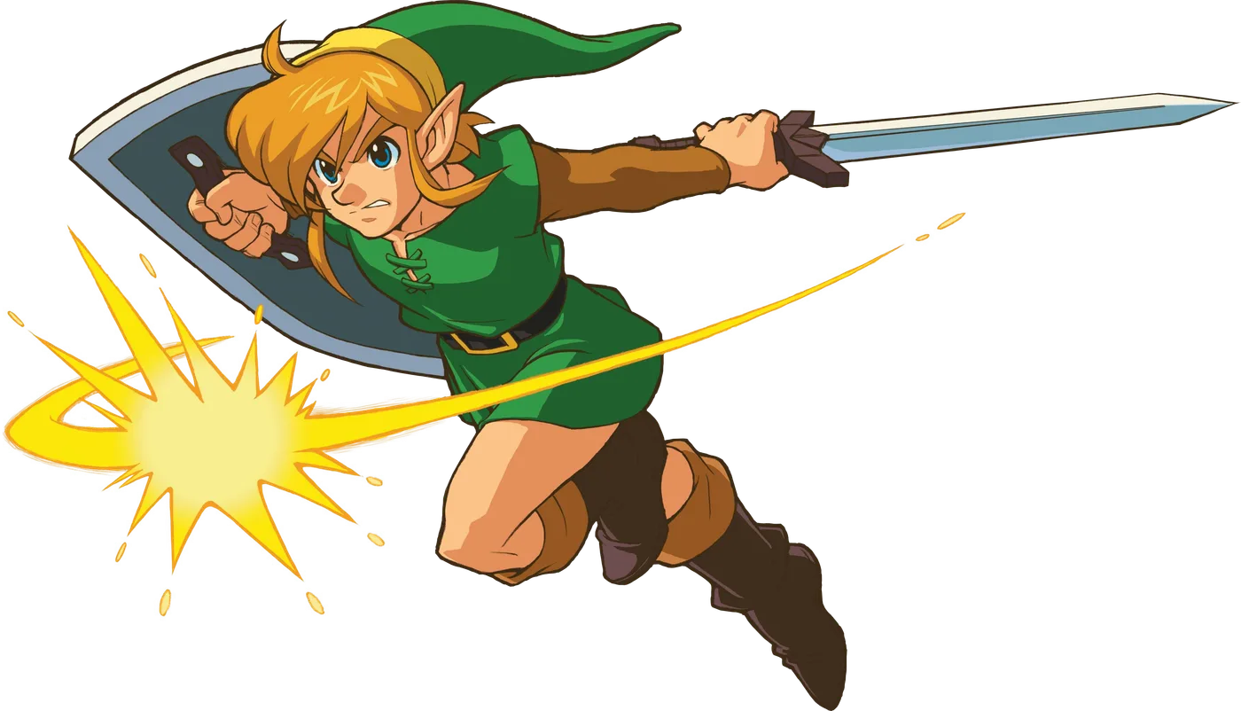 Official A Link to the Past artwork of Link completing a sword swing, an impact burst flashing off the blade's tip.