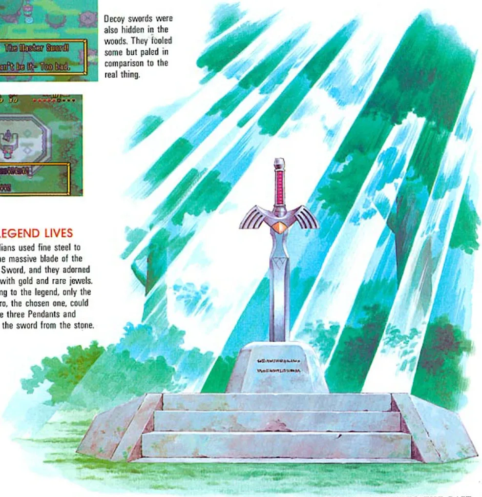 The Master Sword in its pedestal in the Lost Woods, the checkpoint between the three Light World dungeons and the Dark World.