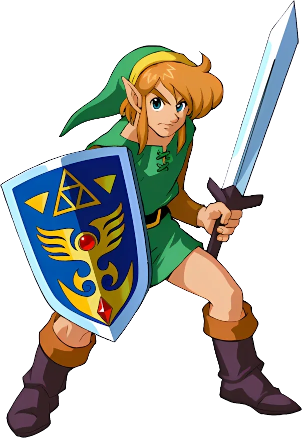 Official A Link to the Past artwork of Link standing with the Master Sword and his shield raised.