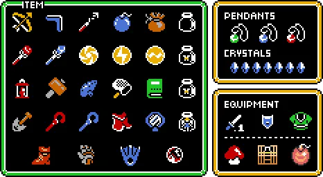The A Link to the Past inventory screen, where every upgrade you find gets tracked.
