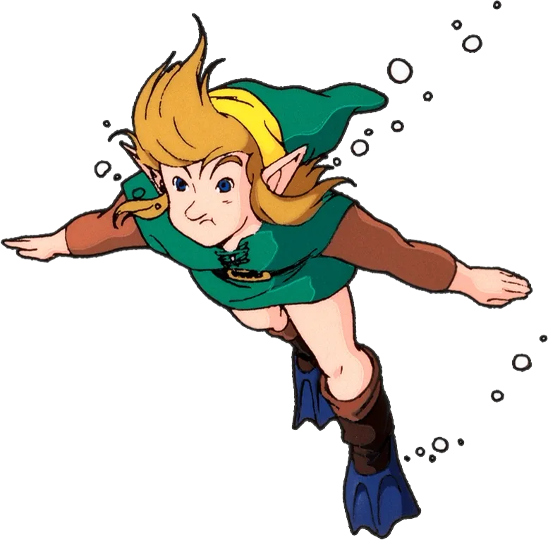 Link with the Zora Flippers, the 500-rupee purchase that unlocks half the overworld.