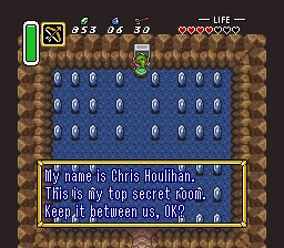 The Chris Houlihan Room: Link standing among rows of blue Rupees on a blue tiled floor, with the message 'My name is Chris Houlihan. This is my top secret room. Keep it between us, OK?'