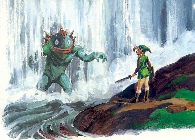 Artwork of Link standing on a rocky bank facing King Zora, who rises out of the base of a waterfall with a webbed hand outstretched.