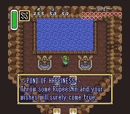 Link standing between two fairy statues at the edge of the Pond of Happiness, with the dialog box reading 'Throw some Rupees in and your wishes will surely come true.'