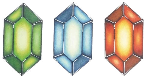 Official A Link to the Past artwork of the three Rupee denominations side by side — a green, a blue, and a red faceted Rupee gem.