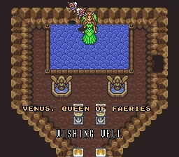 Venus, the Queen of Faeries, hovering above the pond with the on-screen text 'VENUS. QUEEN OF FAERIES' and 'WISHING WELL.'
