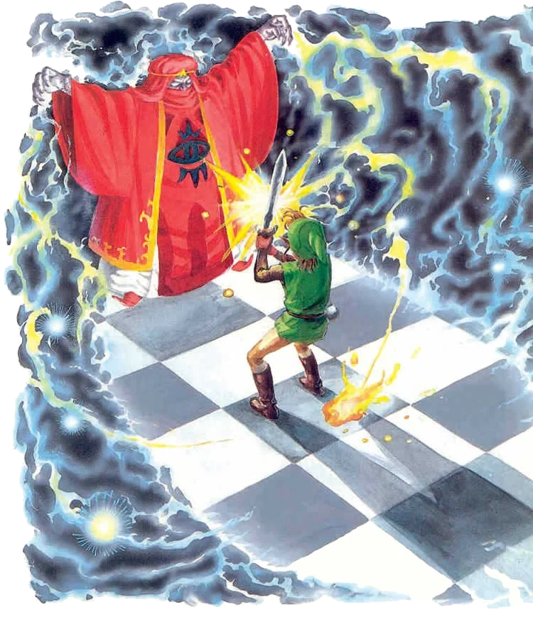 Official artwork of Link with sword and shield raised against the wizard Agahnim, who looms in dark robes casting an energy ball.