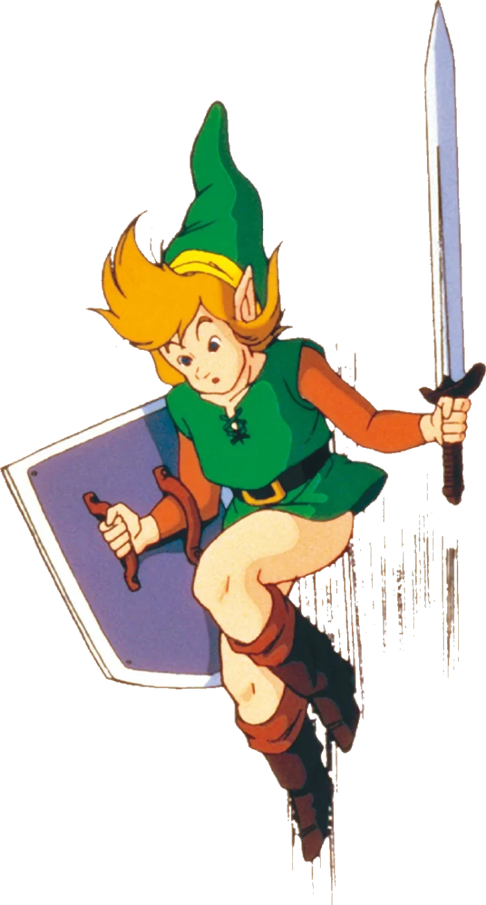 Official A Link to the Past artwork of Link mid-leap with sword raised, cape flaring behind him.