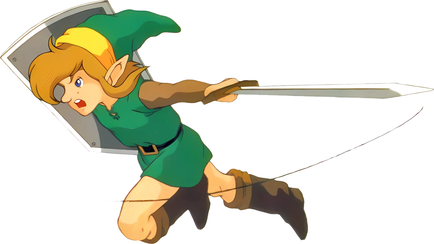 Official A Link to the Past artwork of Link mid-swing with the Master Sword, cape of motion behind him, painted in 1991 Nintendo manual style.