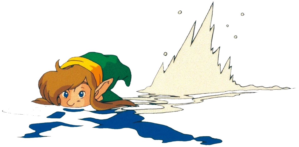 Official A Link to the Past artwork of Link swimming through blue water with his sword raised above the surface.