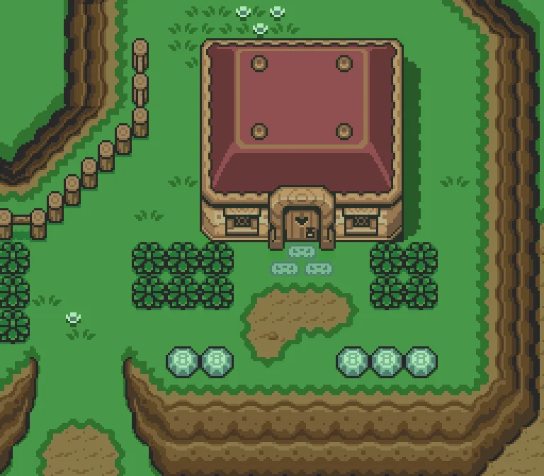 Pixel-art screenshot of Link's House in A Link to the Past, the small red-roofed cottage south of Hyrule Castle surrounded by grass and trees.