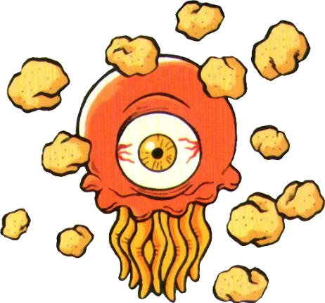 Official A Link to the Past artwork of Arrghus: a red-orange jellyfish with one huge bloodshot eye and dangling yellow tentacles, surrounded by a cloud of tan, puffball-shaped polyps.