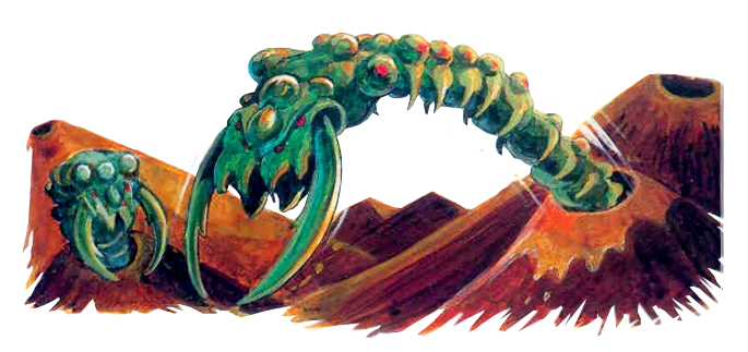 Official A Link to the Past artwork of the Lanmolas: two green, segmented sand worms with curved pincer jaws bursting out of orange desert mounds, one of them arching its long body from one mound across to another.