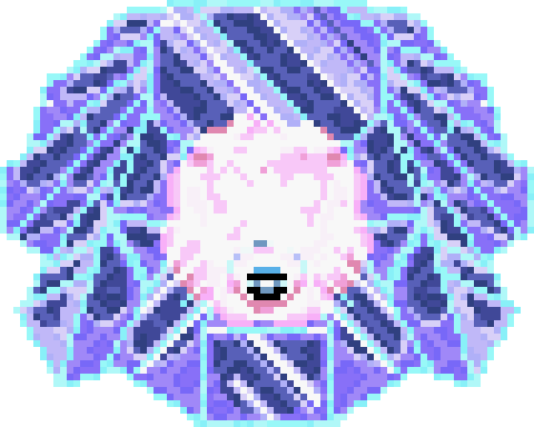 In-game sprite of Kholdstare from A Link to the Past, enlarged: a pale pink, cloud-like creature with a single narrow eye, sealed inside a jagged shell of blue and violet ice.