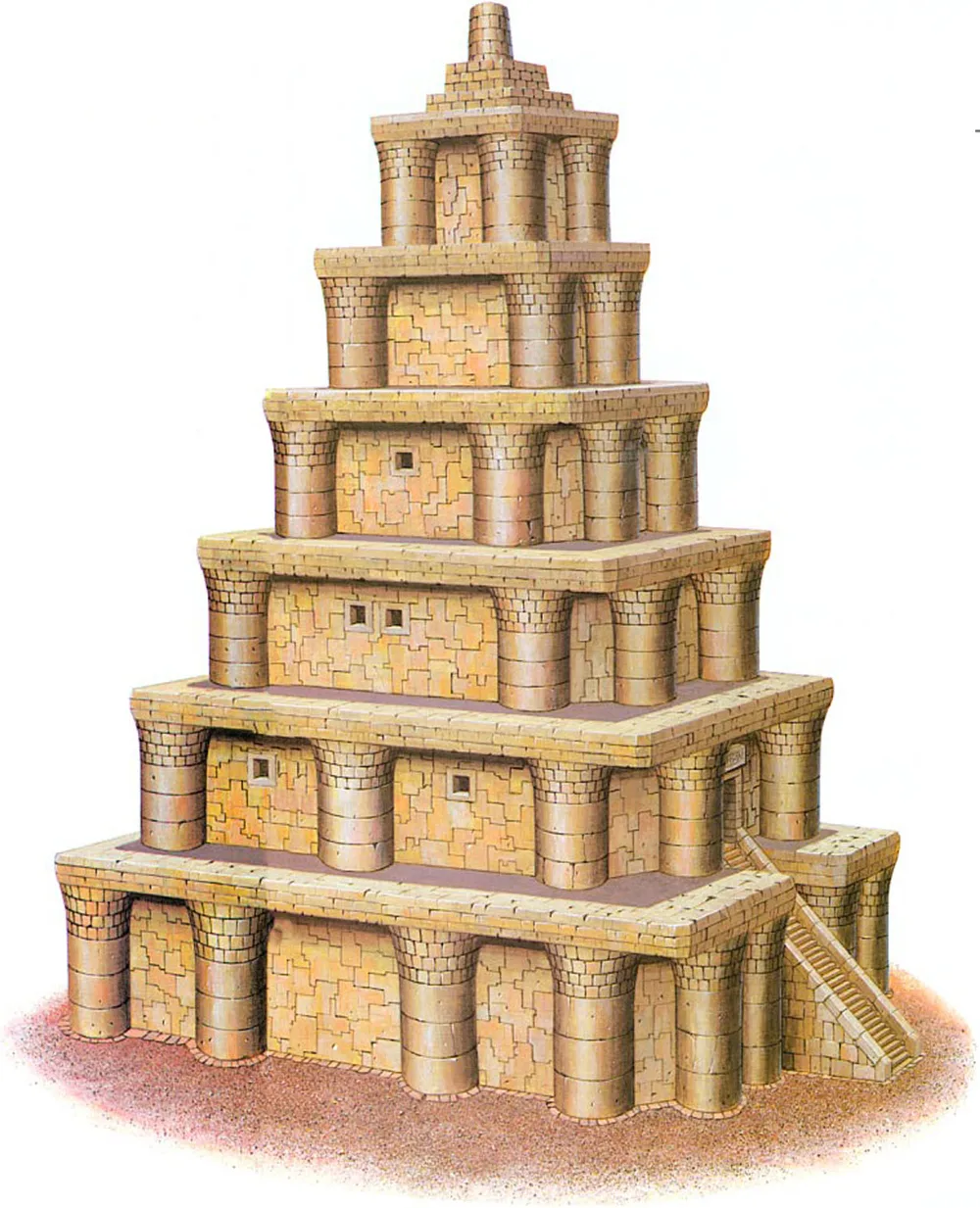 Official A Link to the Past artwork of the Tower of Hera: a stepped sandstone tower of six tiers ringed with thick round columns, a staircase climbing its right side to a doorway on the second tier.