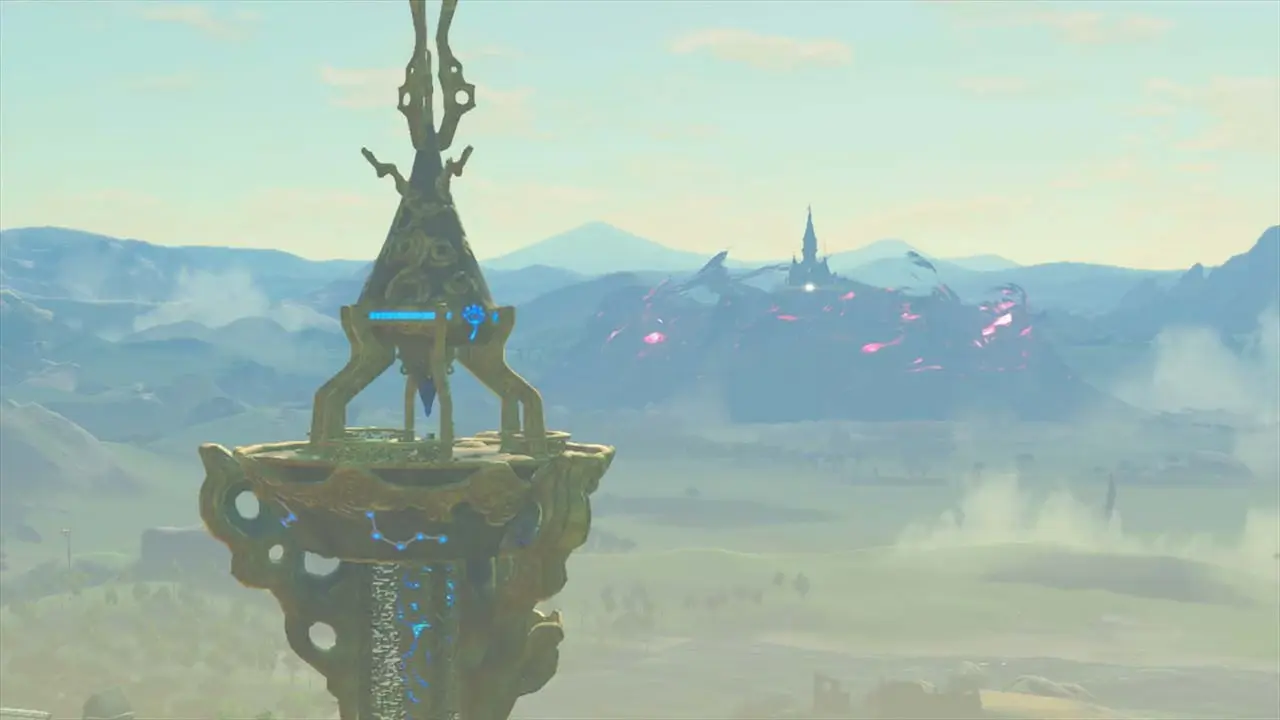 The Great Plateau Tower rising from the ground, the first of fifteen Sheikah Towers Link can activate in Hyrule.