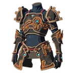 The Ancient armor set worn by Link in Breath of the Wild, glowing with Sheikah circuitry, the highest base defense in the game.