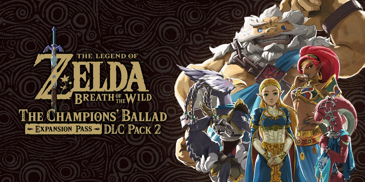 Promotional artwork for The Champions' Ballad DLC showing Link with Mipha, Daruk, Revali, and Urbosa above the Great Plateau.