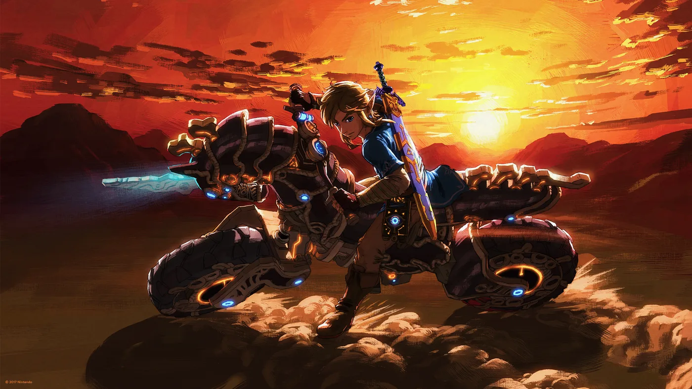 Official Breath of the Wild artwork of Link riding the Master Cycle Zero, an ancient Sheikah motorcycle, across a grassy plain.