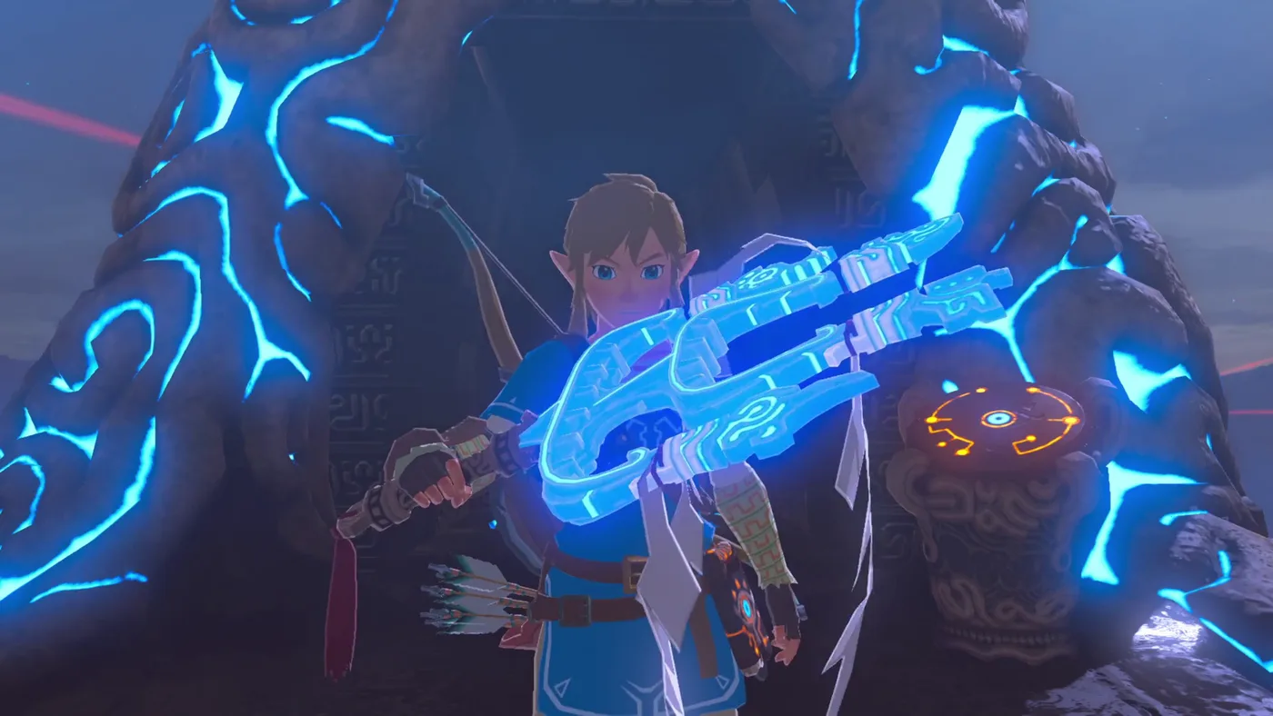 Link on the Great Plateau holding the glowing One-Hit Obliterator during the Divine Beast Tamer's Trial in Breath of the Wild.