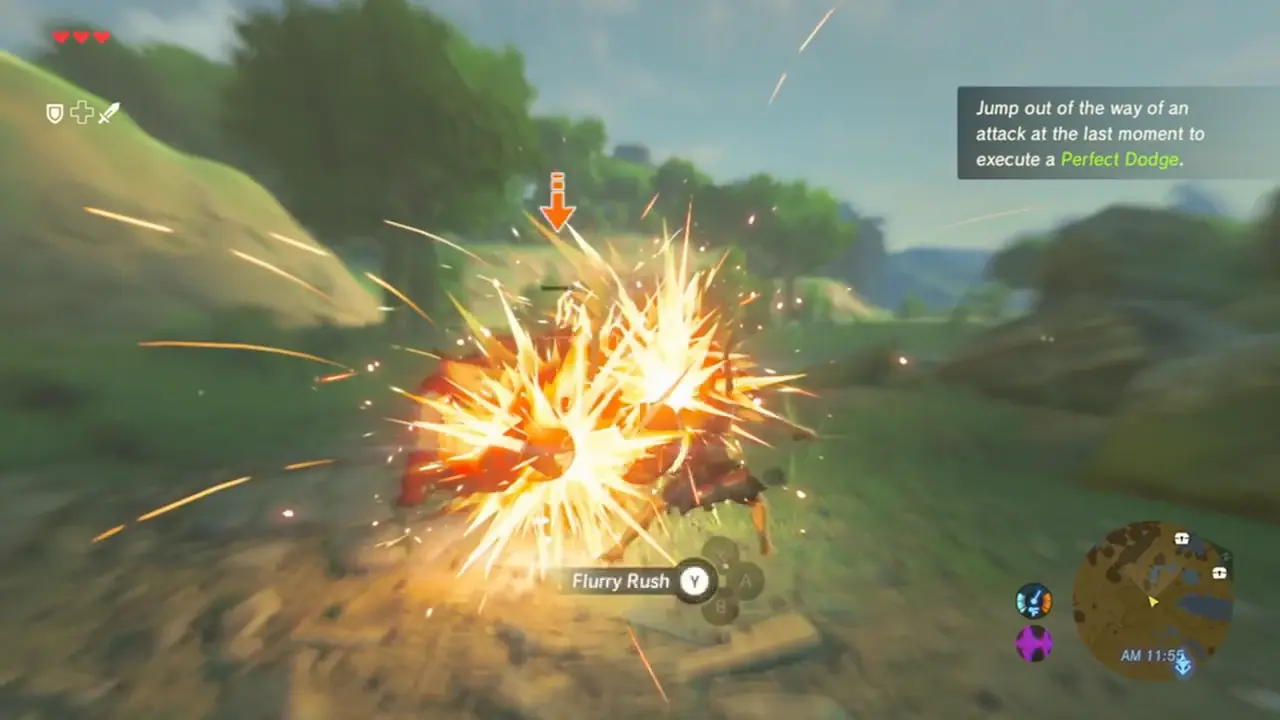 Link executing a flurry rush in Breath of the Wild after a perfect dodge, time slowed as he lands rapid sword hits.