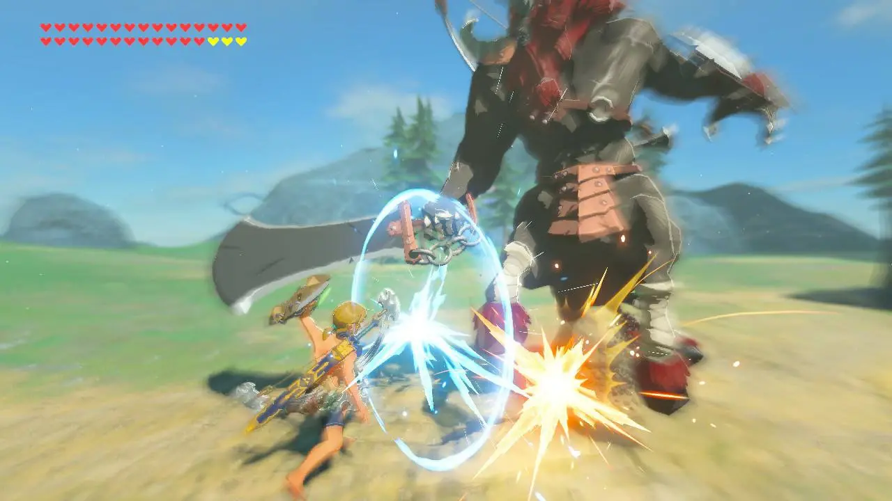 Link executing a perfect guard, stumbling an enemy at the moment its attack lands.