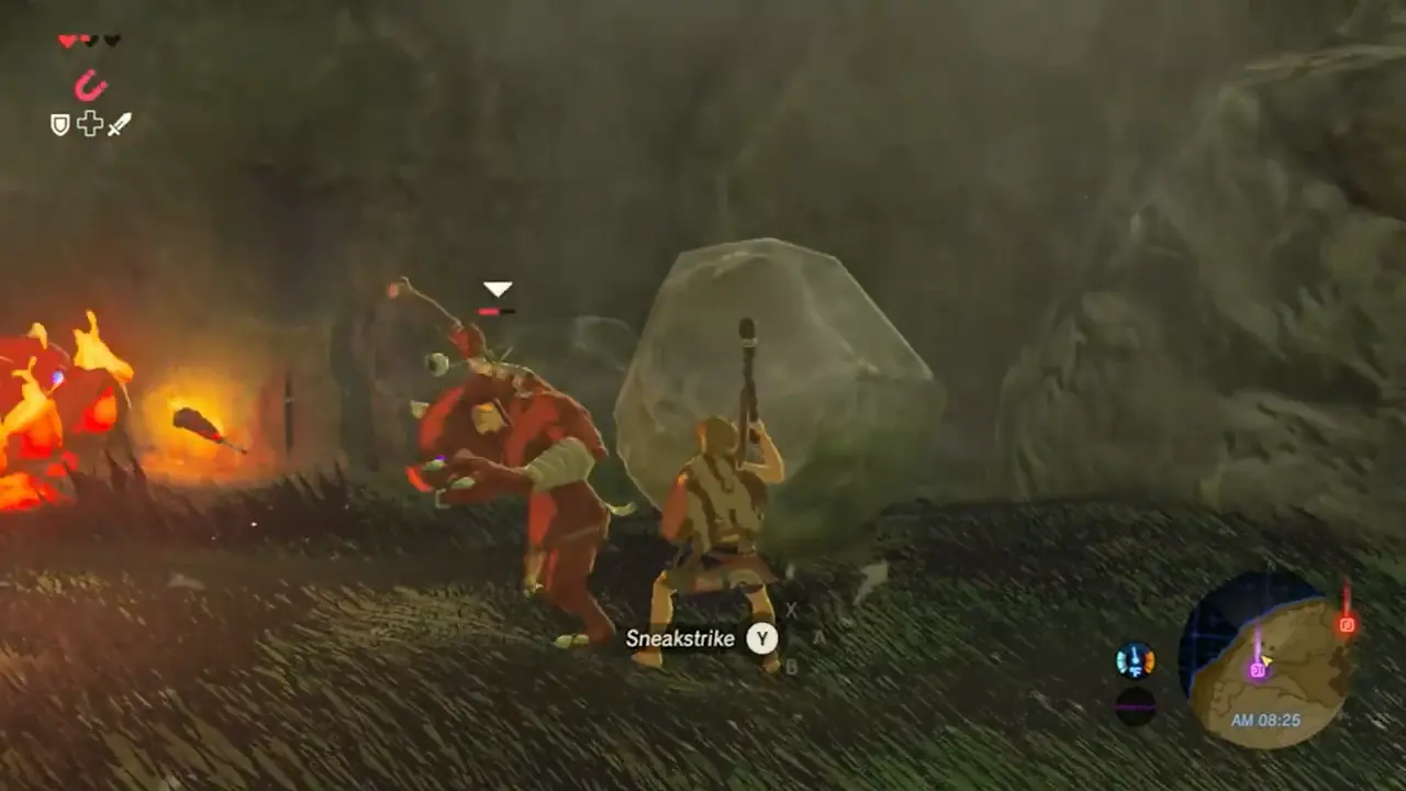 Link landing a sneakstrike on an unaware Bokoblin for eight times normal melee damage.
