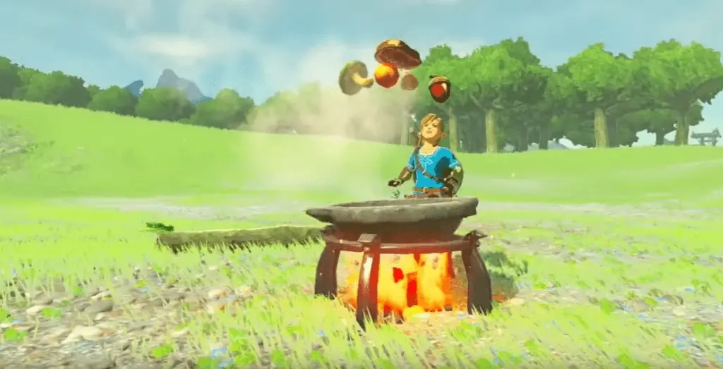 Link cooking at a lit stone cooking pot in Breath of the Wild, dropping ingredients into the flame.