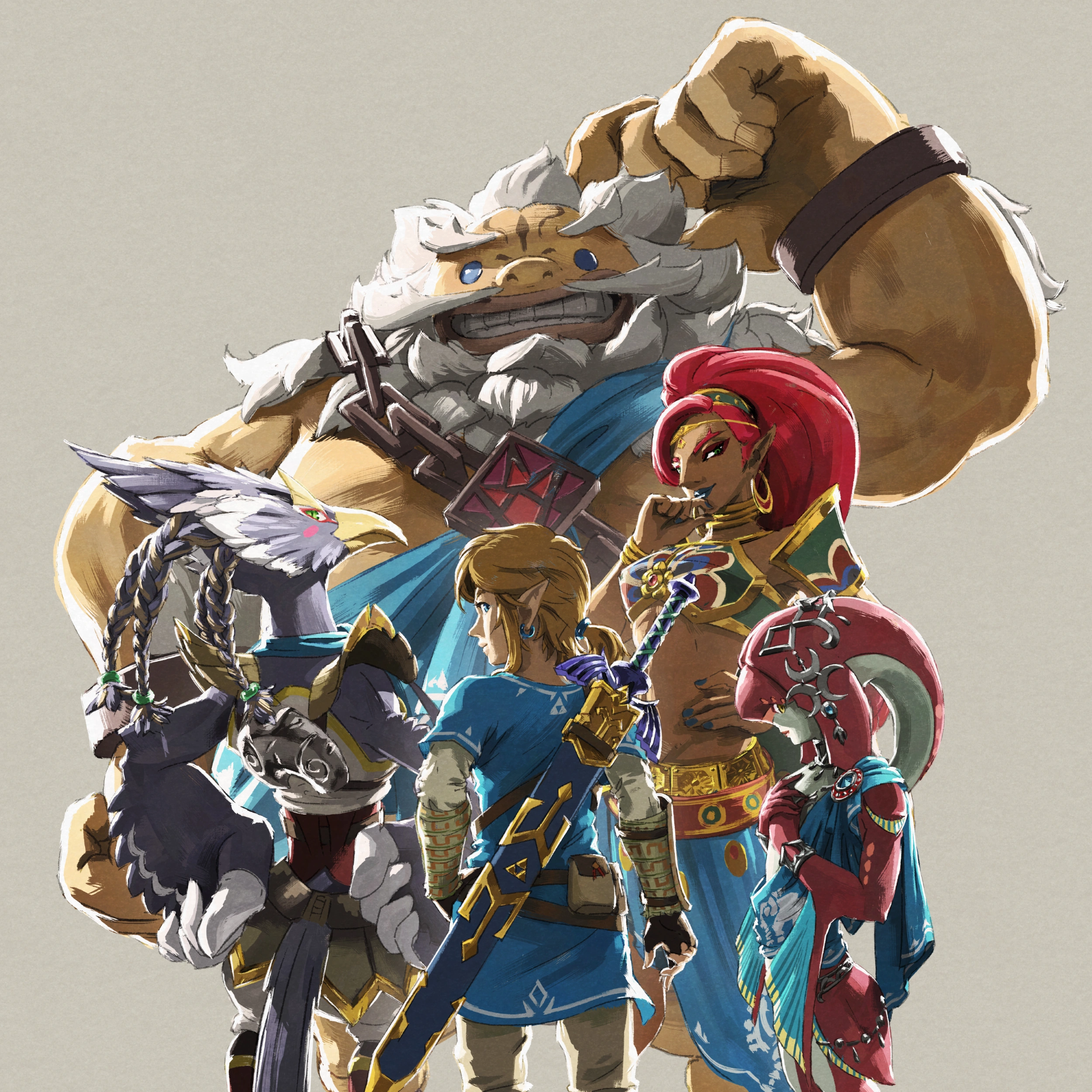 Official artwork of the four Champions of Breath of the Wild — Mipha, Daruk, Revali, and Urbosa — standing together.