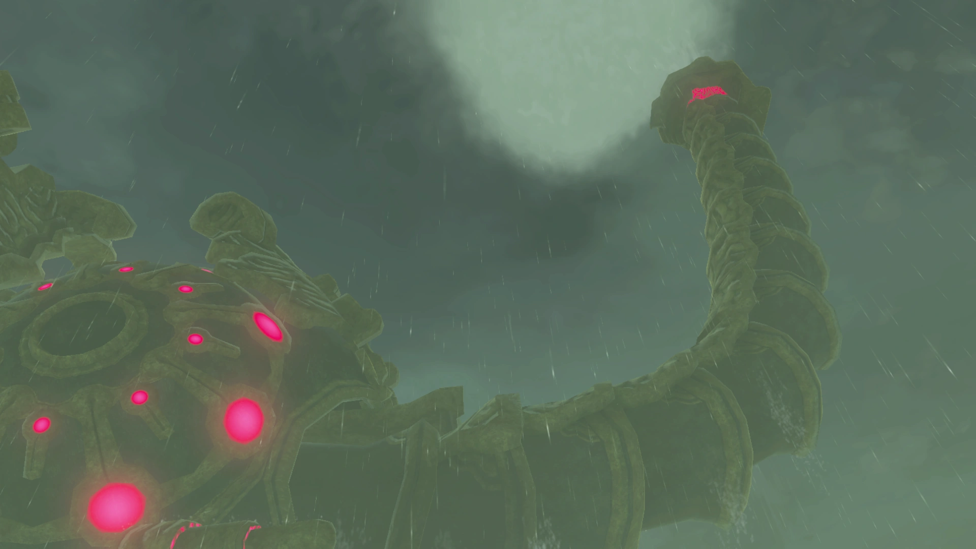 The mechanical elephant Divine Beast Vah Ruta spraying water over the reservoir above Zora's Domain in Breath of the Wild.