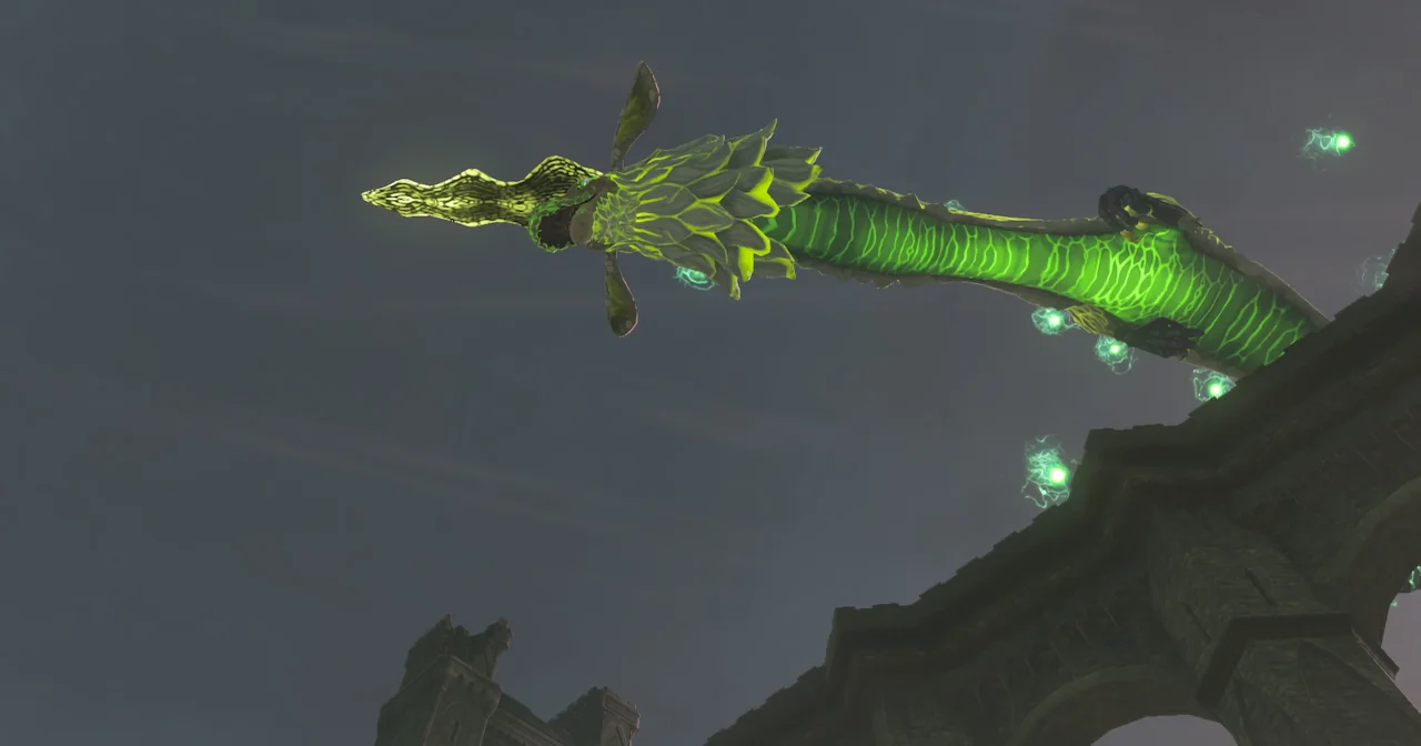 Farosh flying over the stone arches of the Bridge of Hylia in Breath of the Wild, green electricity orbs crackling along its glowing serpentine body.