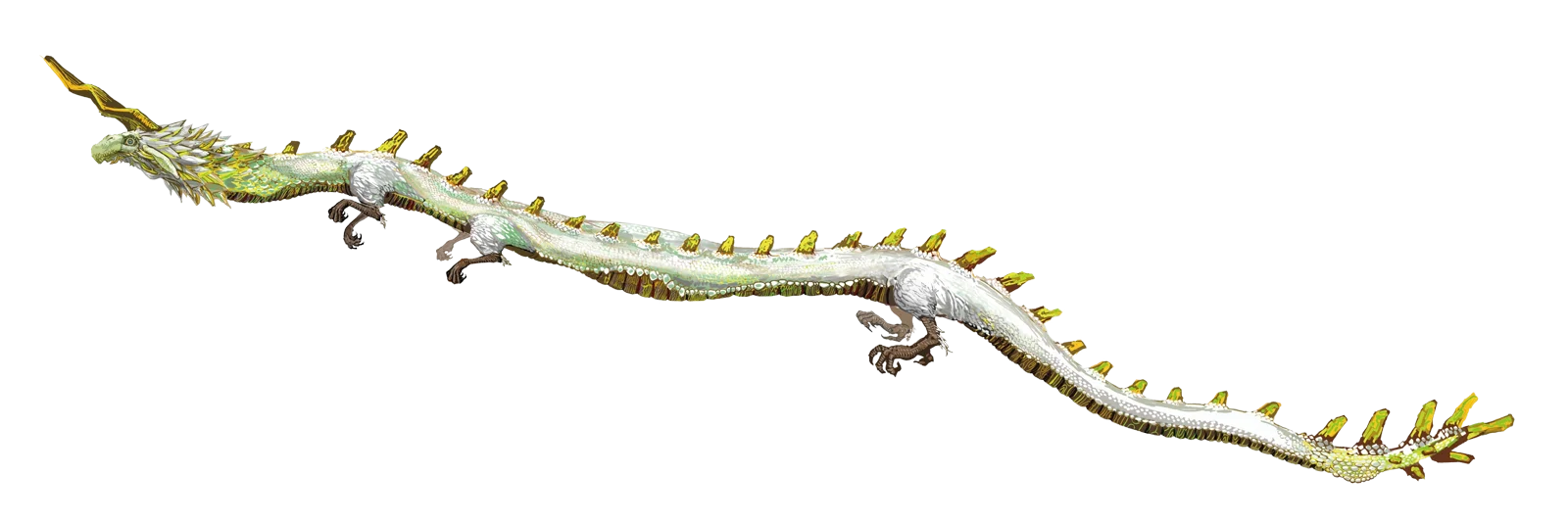 Official Breath of the Wild concept art of Farosh, a long pale serpentine dragon with a yellow horn and rows of yellow dorsal spines down its body.