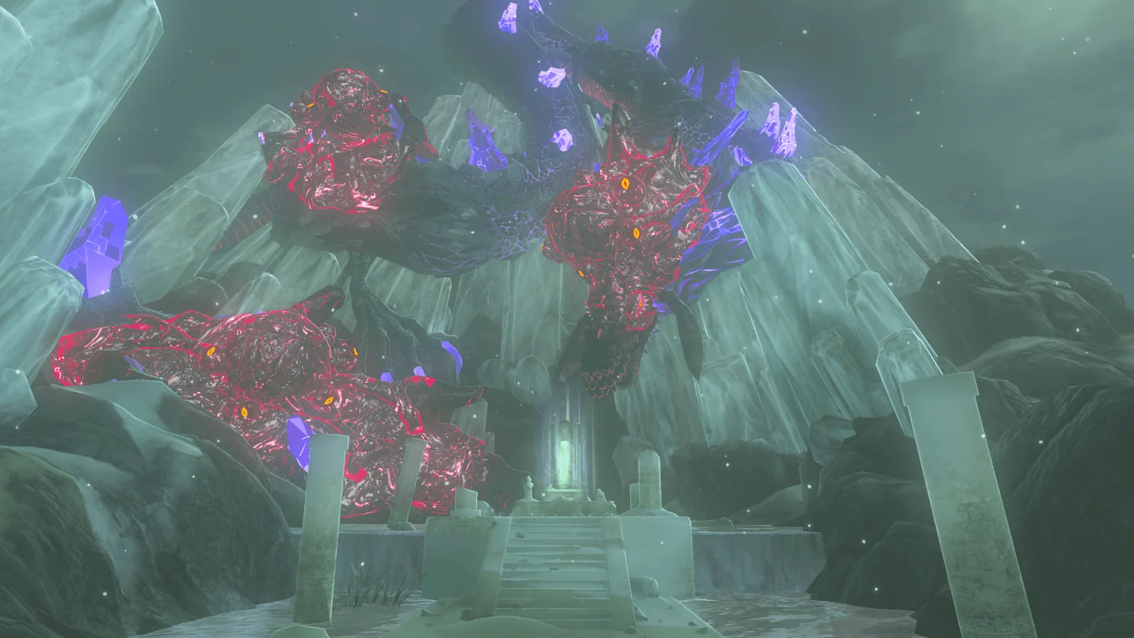 Malice Naydra coiled around the icy Spring of Wisdom on Mount Lanayru in Breath of the Wild, its dark blue body covered in glowing pink Malice growths studded with orange eyes.