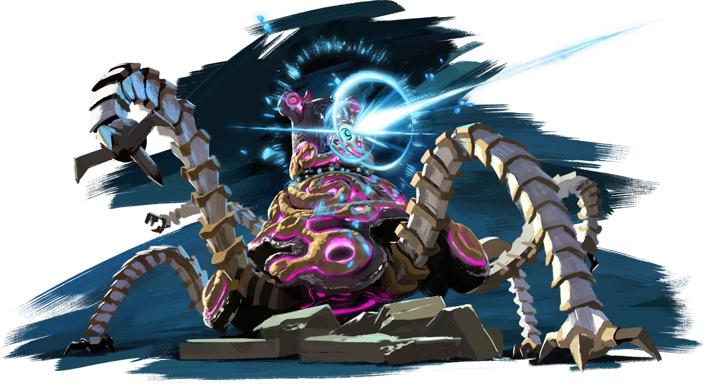 Official artwork of a Guardian from Breath of the Wild, the six-legged Sheikah machine with a single glowing eye that fires a laser beam.