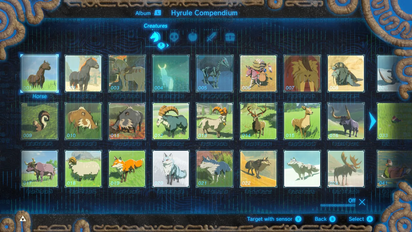 The Hyrule Compendium screen on the Sheikah Slate in Breath of the Wild, showing registered entries in a grid with the category tabs across the top.